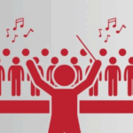 Conductor in front of singers with musical notes.
