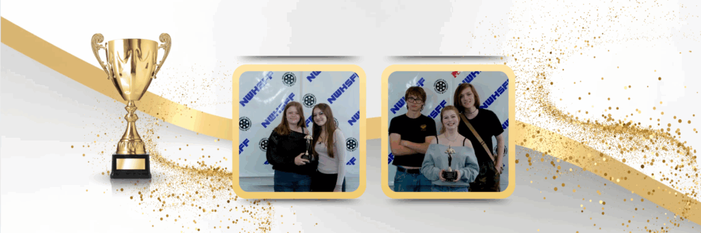 Trophy and images of students with awards.
