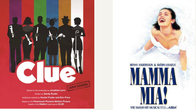 Theatre Posters: Clue with figures standing with instruments and Mamma Mia! with a girl in white dress