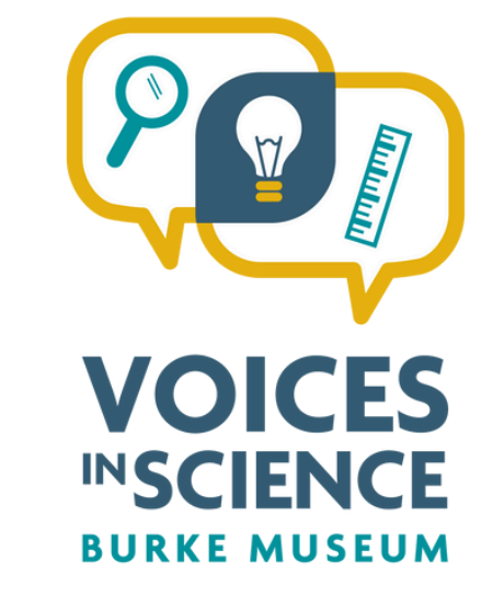 Light bulb, ruler. Text: Voices in Science Burke Museum