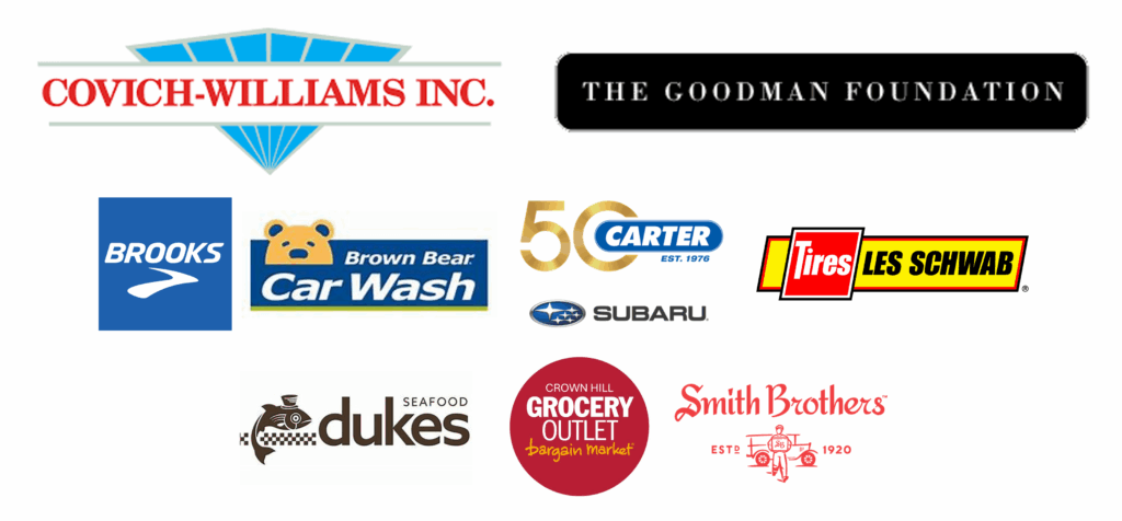 Sponsor Logos. Text: Covich Williams Inc. Brooks, Brown Bear Car Wash, Crown Hill Grocery, Dukes Seafood, The Goodman Foundation, Carter Suburu and Smith Bros. Les Schwab.