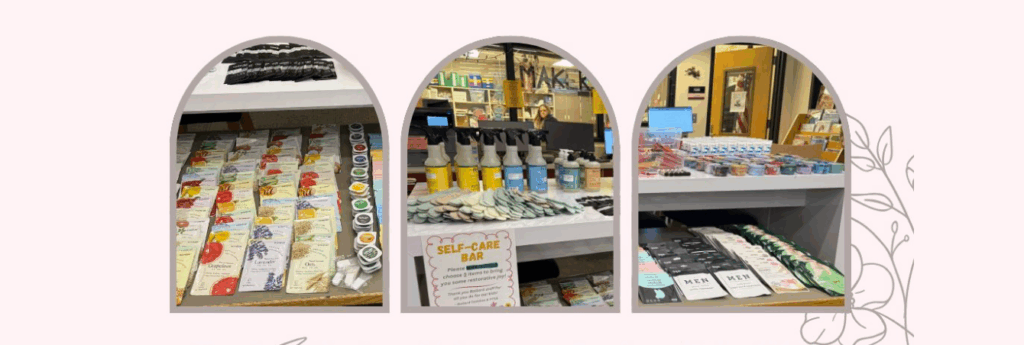 Tables in the Staff Lounge of skin care, spa items.