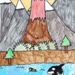 drawing of orcas swimming in front of mountains