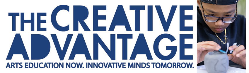 The creative advantage logo with text "Arts Education Now. Innovative minds tomorrow" with photo of student working with clay