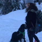 Woman snowshoeing with two dogs