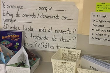 A classroom with materials in Spanish