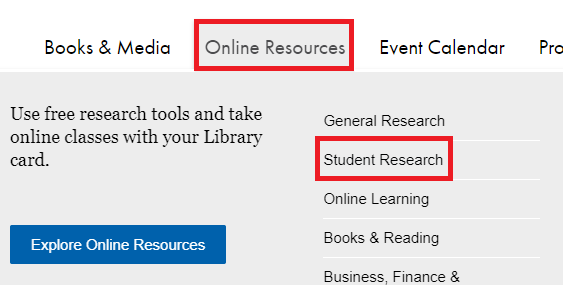 click online resources and then click student research