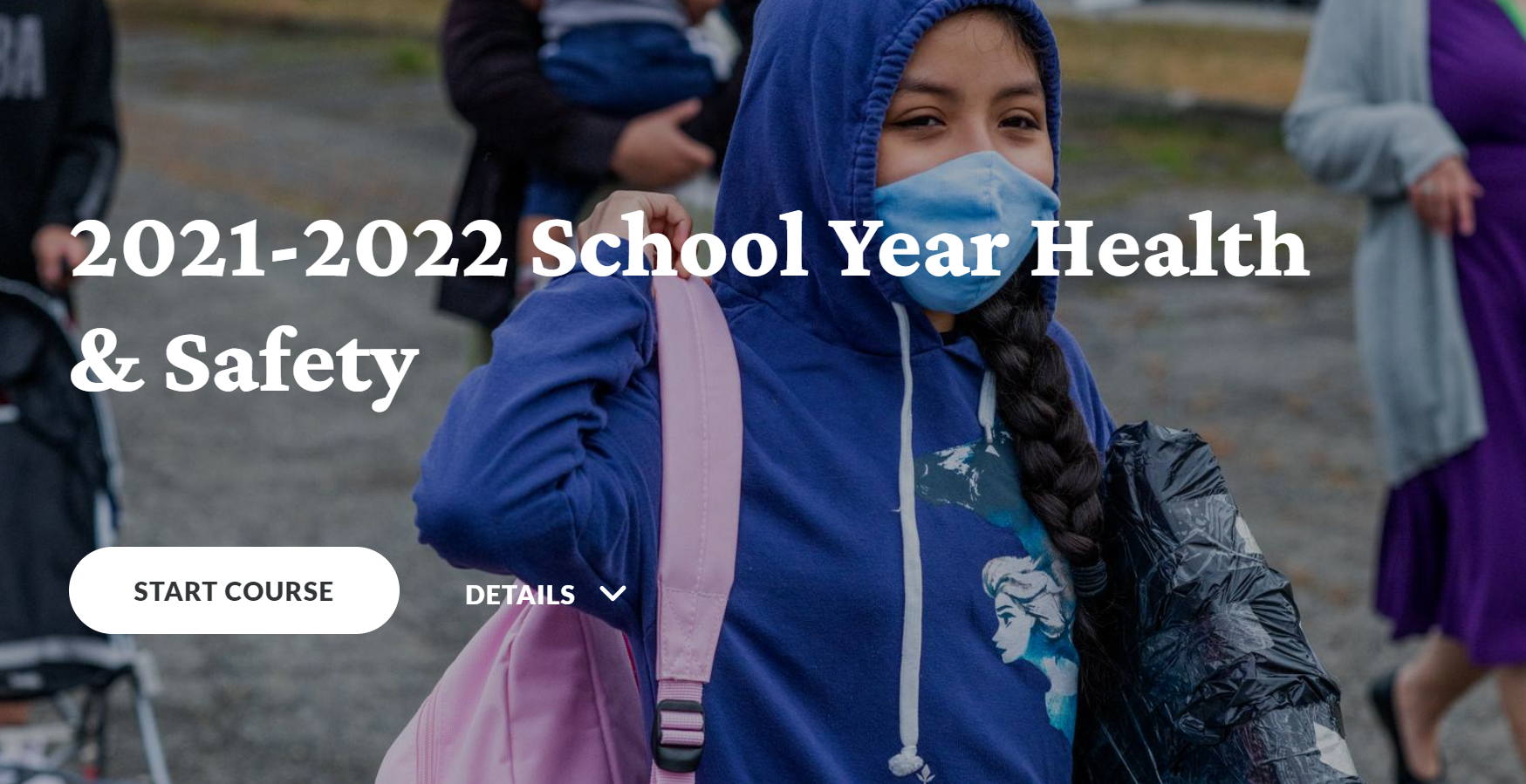 Health Course Cover - student wearing a mask and a backpack arriving at the school.