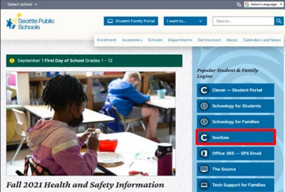 screenshot of homepage with SeeSaw button highlighted.