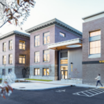 3 photos of newly completed school buildings