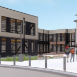 architect drawing of historic building and addition