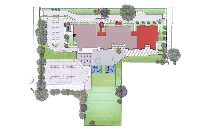 site plan drawing showing school campus, school, and addition