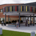 architect's drawing of what the completed school will look like from the main entrance