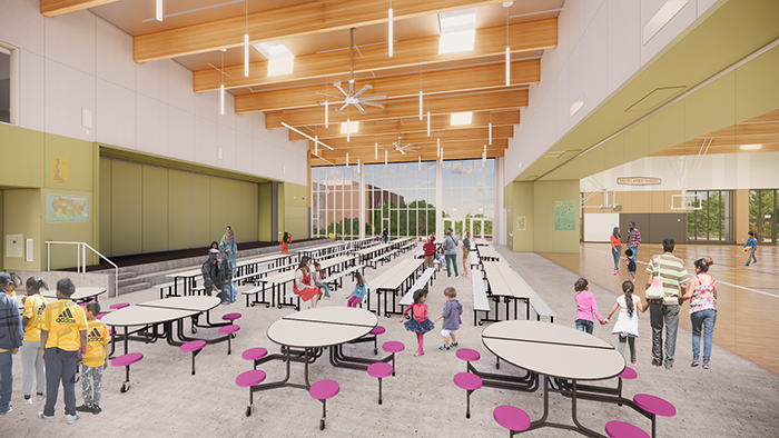 drawing of an elementary school lunchroom with long tables and round tables