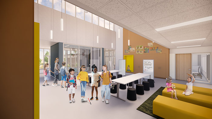 a learning commons with classrooms surrounding it and seating options