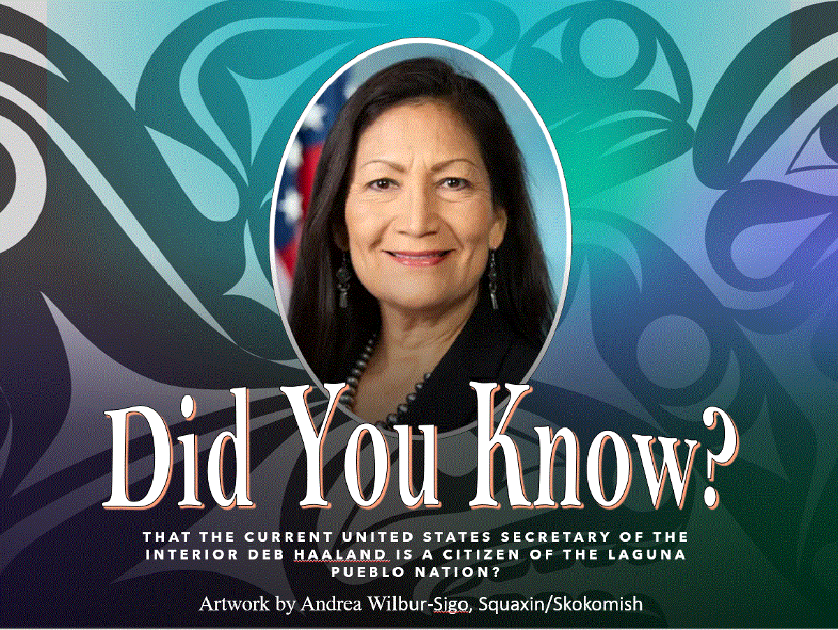 Did you know? That the current United States Secretary of the Interior Deb Haaland is a citizen of the Laguna Pueblo Nation? (artwork by Andrea Wilbur-Sigo, Squaxin/Skokomish