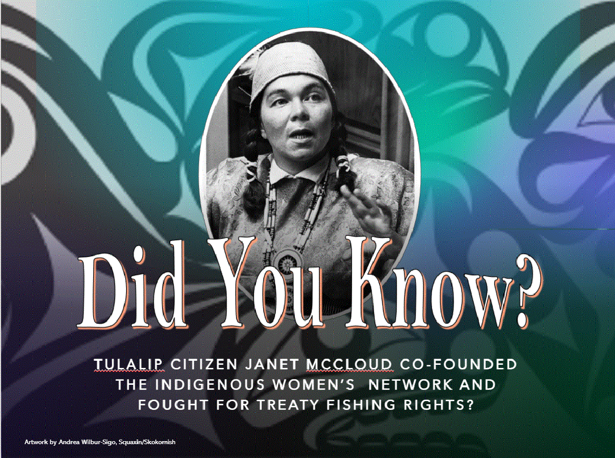 Did you know? Tulalip citizen Janet McCloud co-founded the Indigenous Women's Network and fought for treaty fishing rights? (artwork by Andrea Wilbur-Sigo, Squaxin/Skokomish
