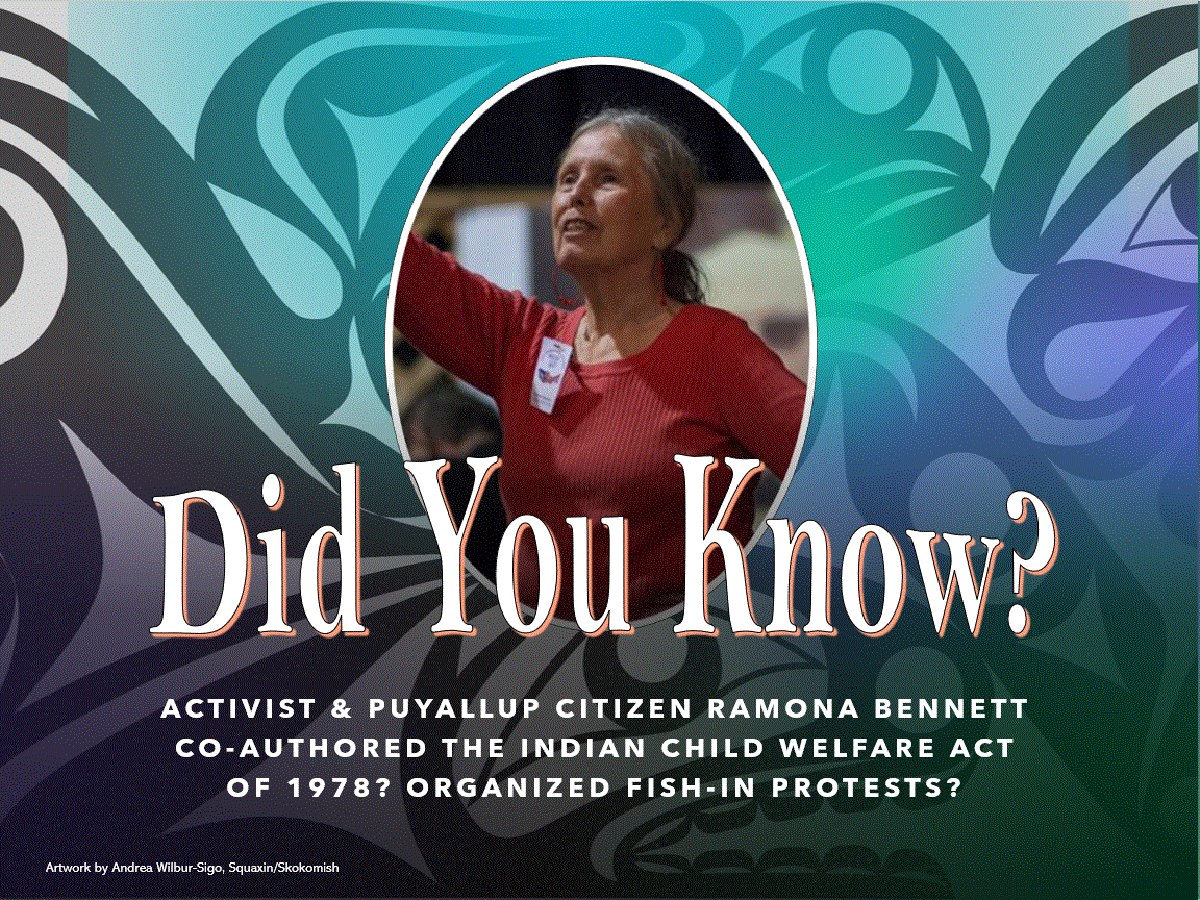 Did you know? Activist & Puyallup citizen Ramona Bennett co-authored the Indian Child Welfare Act of 1978? Organized fish-in protests? (artwork by Andrea Wilbur-Sigo, Squaxin/Skokomish