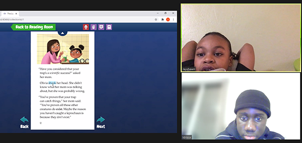 A screenshot of Zoom meeting with reading software on one side and tutor and student cameras on other side