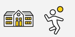Two icon illustrations 1 a school building and second person hitting a ball.