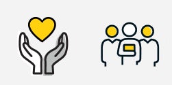 Two icon illustrations: 1 with two hands holding a heart and second three people standing in a group one person holding a book.