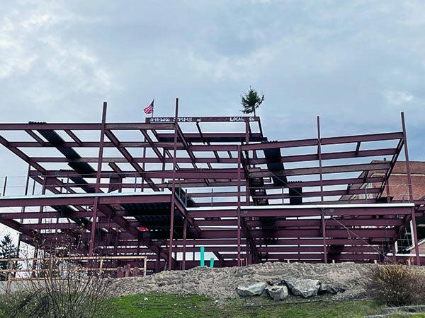 a structural steel framework has a top beam with a flag and an evergreen tree