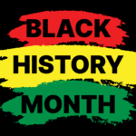An illustration with three Pan African colors of red, yellow, and green with text Black History Month.