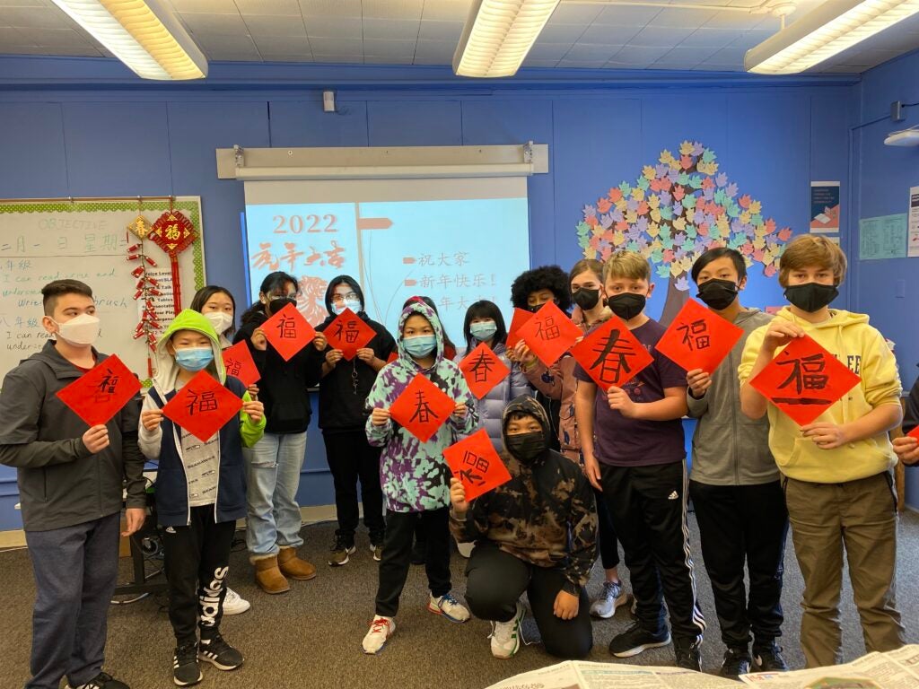 Mercer Middle School Dual Language Students with their calligraphy