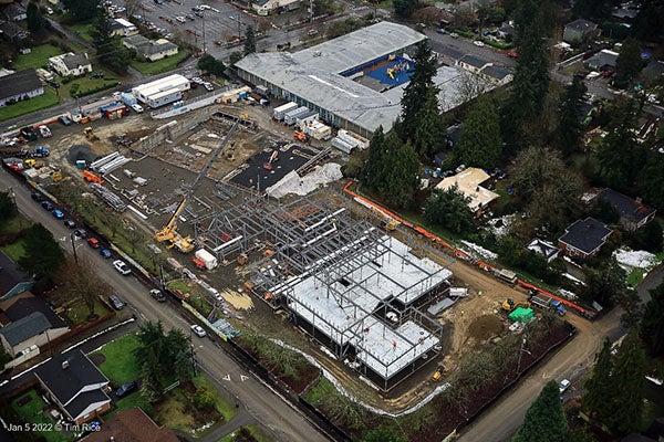 aerial view of a large building being constructed
