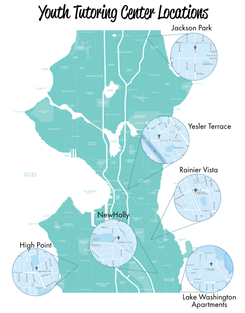 Map of tutor center locations: Jackson Park, Yesler Terrace, Rainier Vista, New Holly, Lake Washington Apartments, High Point