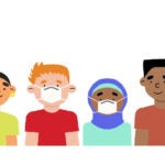 An illustration of four students, two wear masks two do not