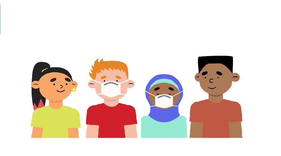 An illustration of four students, two wear masks two do not
