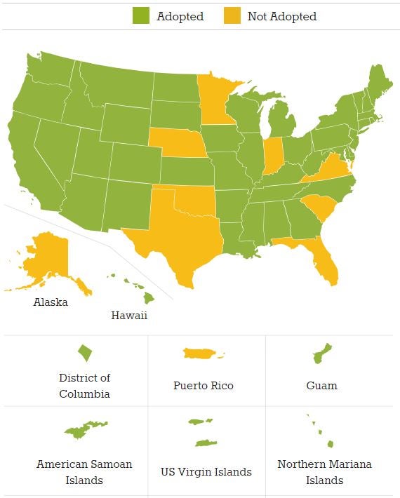 Common Core State Standards Adoption - A map of the united states showing which states have or have not adopted Common Core State Standards. Washington state has adopted Common Core State Standards.