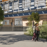 architects drawing of the front of a school with students sitting on benches and walking