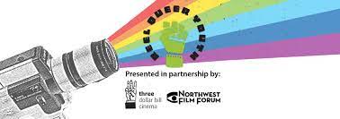 Film camera beaming LGBTQ colors that is projecting Real Queare Youth logo and partnerships with Northwest Film Forum and Three Dollar Bill Cinema