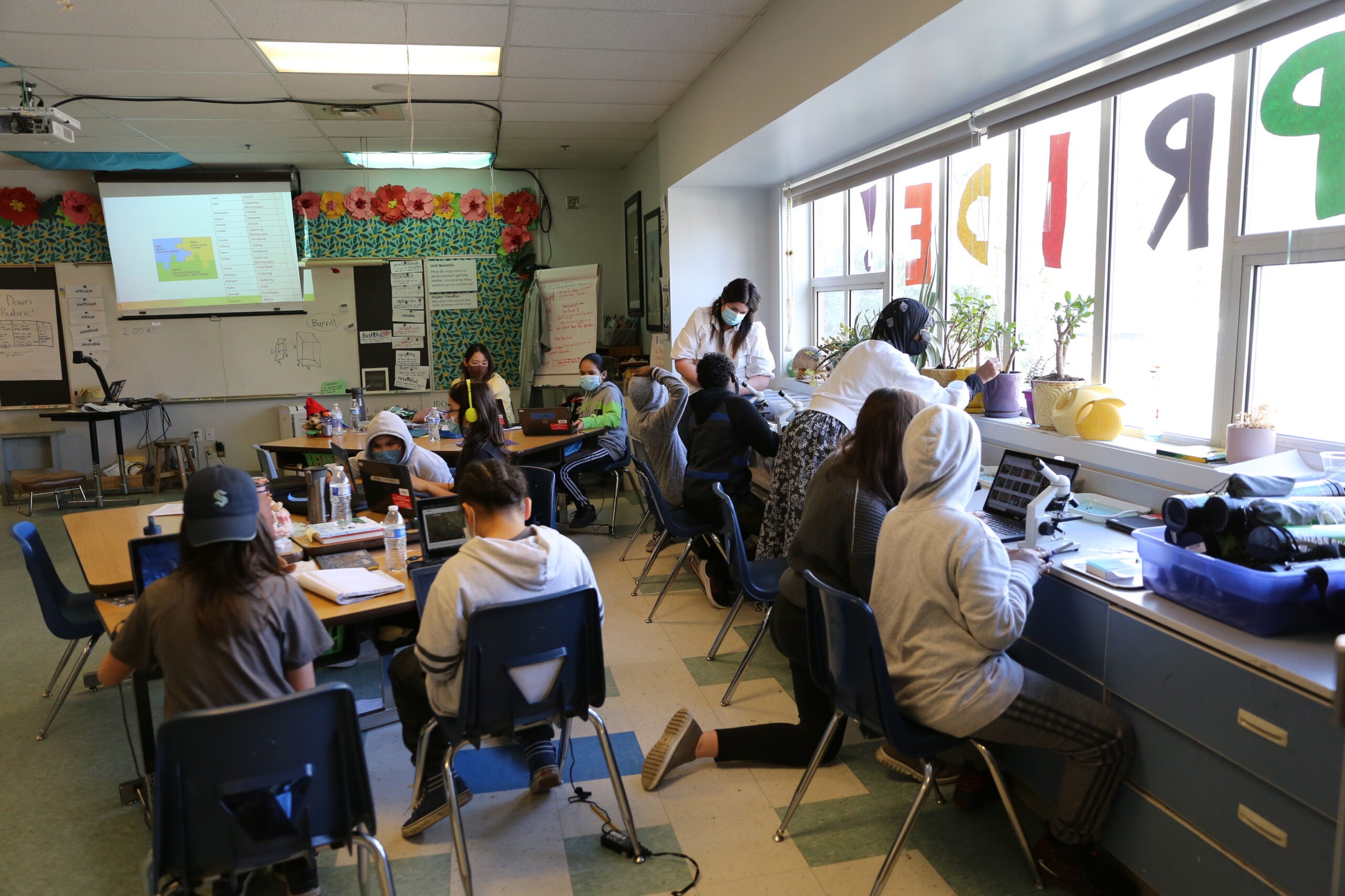 Students in Sam Egelhoff's fifth grade class at Thurgood Marshall meet in enrichment clusters around the classroom
