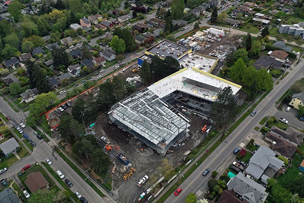 aerial of a building under construction with steel framing