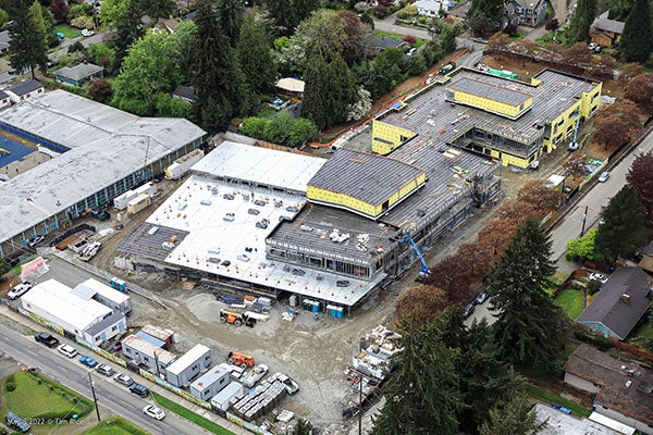 aerial view of a large building under construction