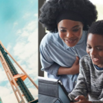 collage of images. boy playing with a robot in class, seattle space needle, teacher helping two students at their desk, graduate smiling a hugging a family member