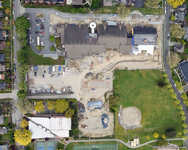 aerial view of a building with part of it under construction