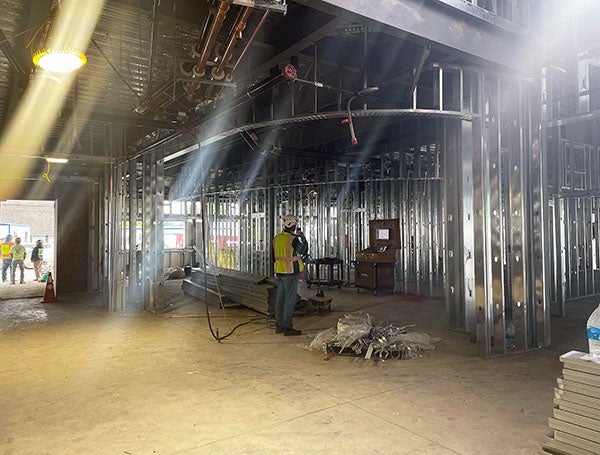 metal framing inside a large building under construction