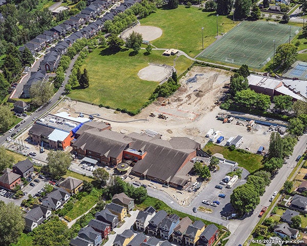 aerial view of a building with construction work happening