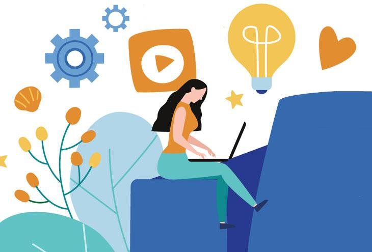 Vector image - Female student typing on the computer in with gears icon, youtube icon, light bulb, and heart at a calming wilderness landscape.  