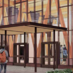 a partial view of a drawing of a building with a glass entry and brick walls
