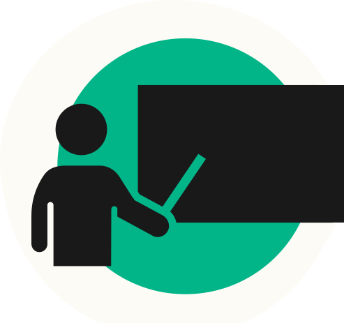 An illistration of a person at a chalkboard with a pointer 