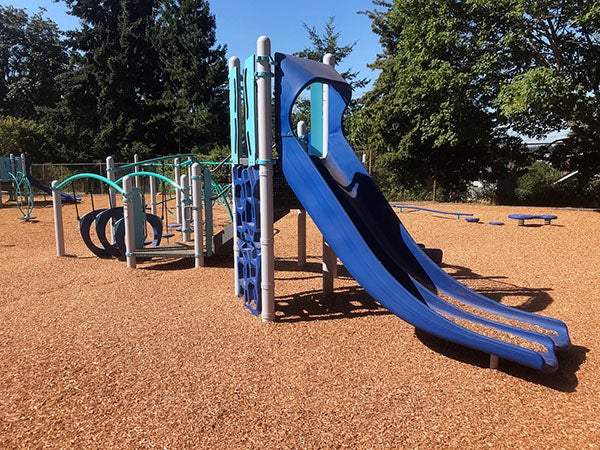 a slide connected to a climbing toy