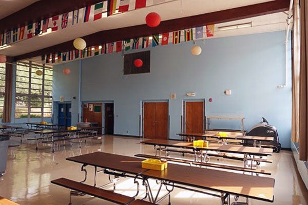 walls of a lunchroom painted blue