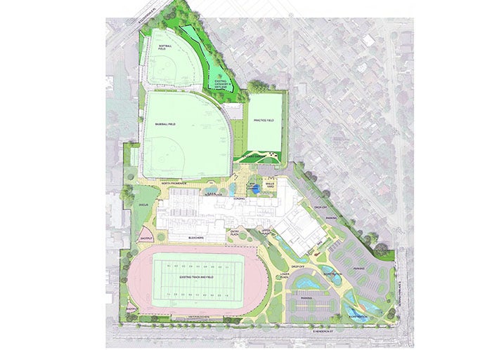 a drawing of a site plan that includes a building and playfields