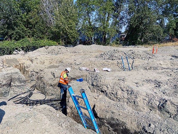 a person stands in a trench with a ladder in the trench nearby