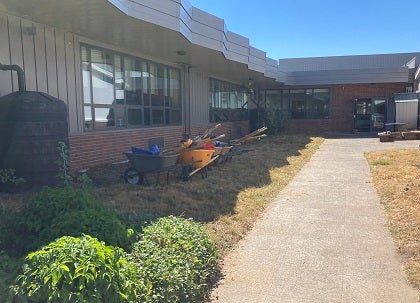 School courtyard with tools